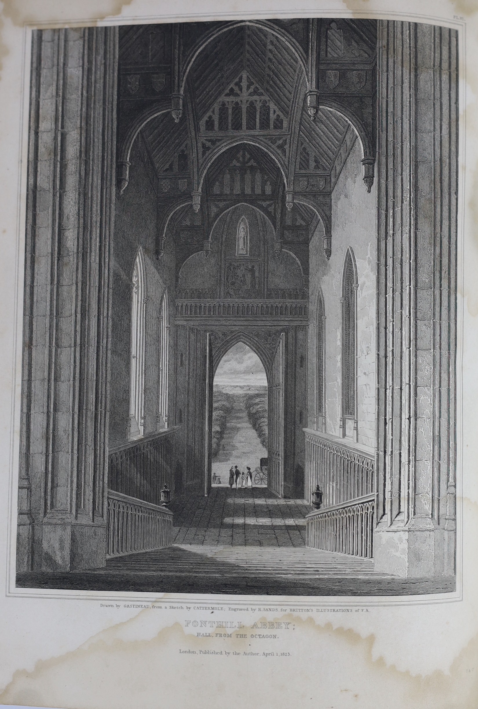 SOMERSET: Britton, John - Graphical and Literary Illustrations of Fonthill Abbey, 4to, half calf, with engraved title and 1 only plates, 2 of the hand-coloured, front fly leaf, frontis and title stained, London, 1823, bo